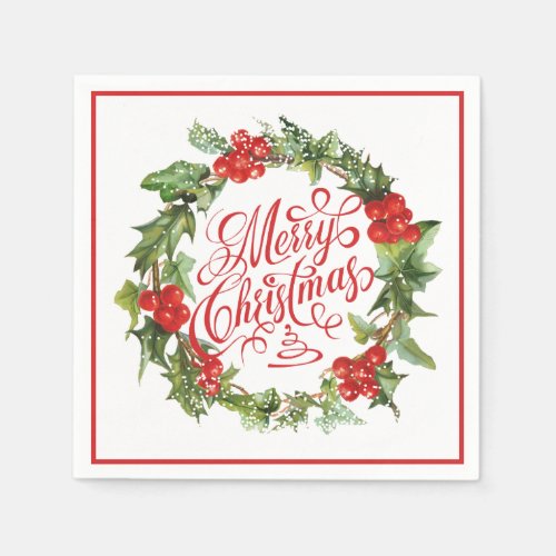 Christmas Red Green Wreath Holly Ivy Typography Napkins