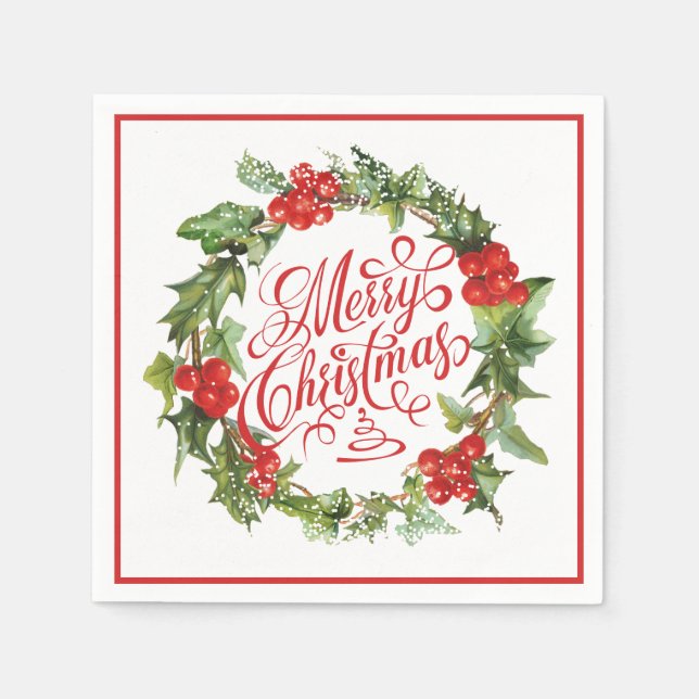 Christmas Red Green Wreath Holly Ivy Typography Napkins (Front)
