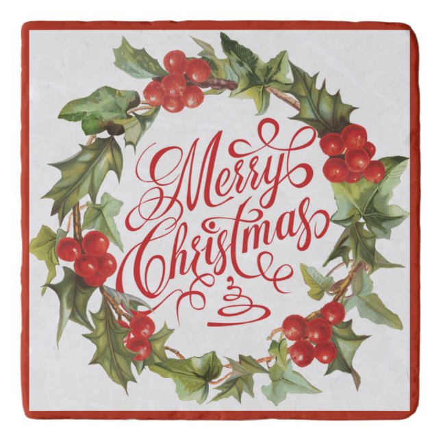 Christmas Red Green Wreath Holly Ivy Typography Trivet (Front)