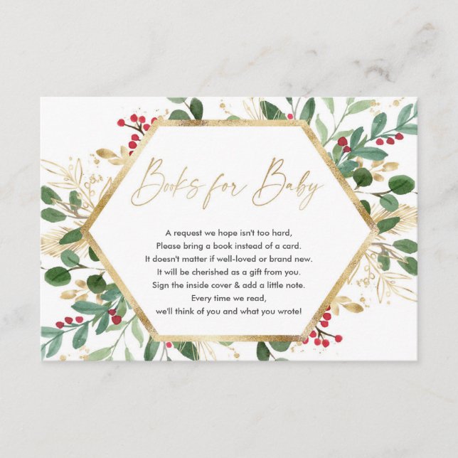 Christmas red greenery gold books for baby enclosu enclosure card (Front)