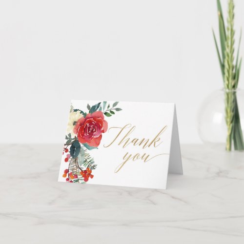 Christmas red greenery gold watercolor elegant thank you card