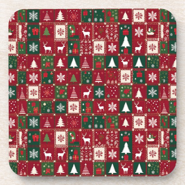Christmas Red Grid Festive Holiday Design 🎄❤️✨ Beverage Coaster (Front)