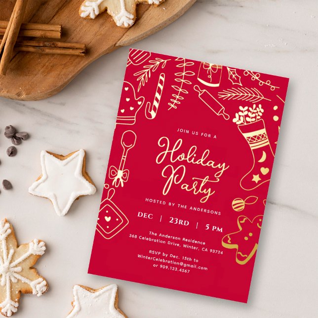 Christmas Red Hand Drawn Holiday Baking Party  Foil Invitation (Creator Uploaded)
