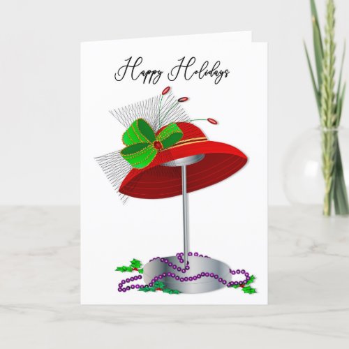 Christmas Red Hat Ladies Hat Stand Purple Beads Holiday Card