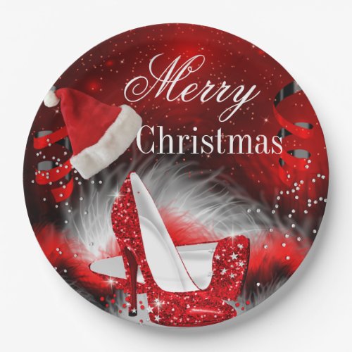 Christmas Red High Heel holiday Party Santa hat Paper Plates