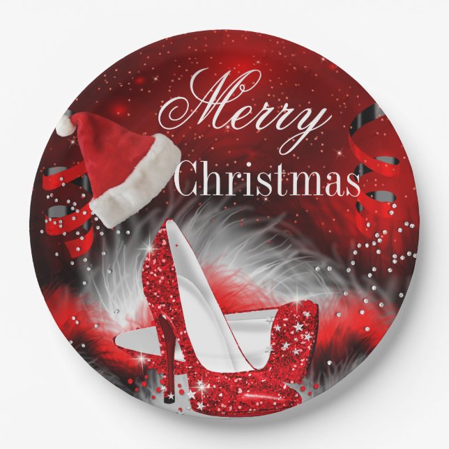 Christmas Red High Heel holiday Party Santa hat Paper Plates (Front)