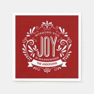 CHRISTMAS RED HOLIDAY JOY CHALKBOARD PERSONALIZED NAPKINS