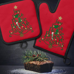 Christmas Red Holiday Word Tree Oven Mitt & Pot Holder Set