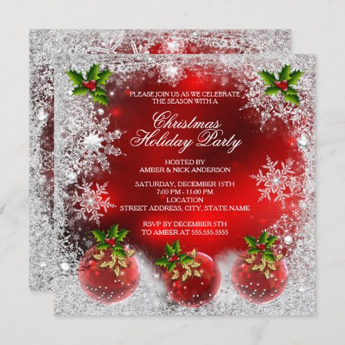 Christmas Red Holly Bauble Holiday Party Snowflake Invitation