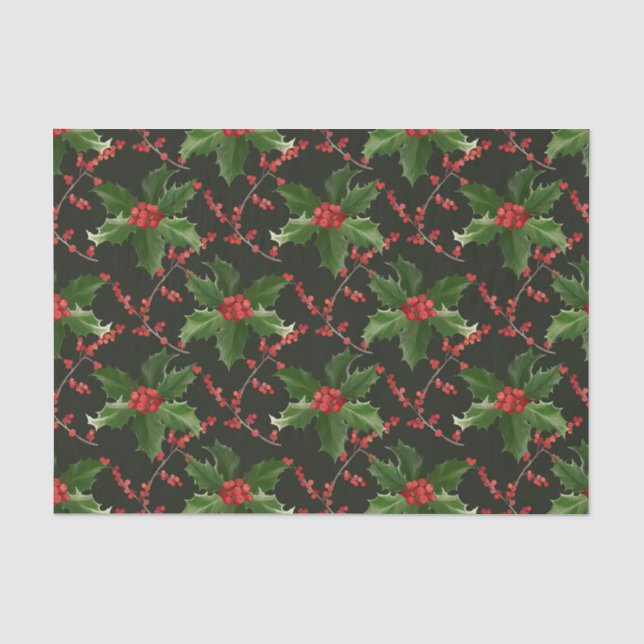 Christmas Red Holly Berry and Green Leaves  Tissue Paper (Front)