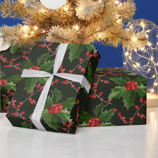 Christmas Red Holly Berry and Green Leaves  Wrapping Paper (Holidays)