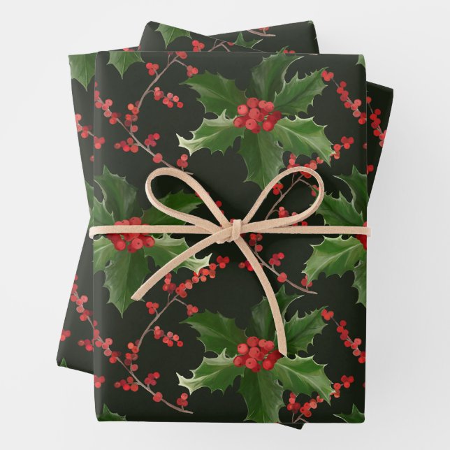 Christmas Red Holly Berry and Green Leaves  Wrapping Paper Sheets (In situ)