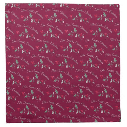 Christmas red holly berry custom name pattern cloth napkin