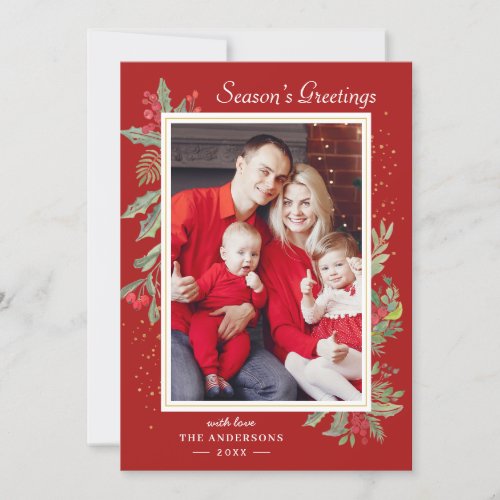 Christmas Red Holly Berry Floral Gold Frame Photo Holiday Card