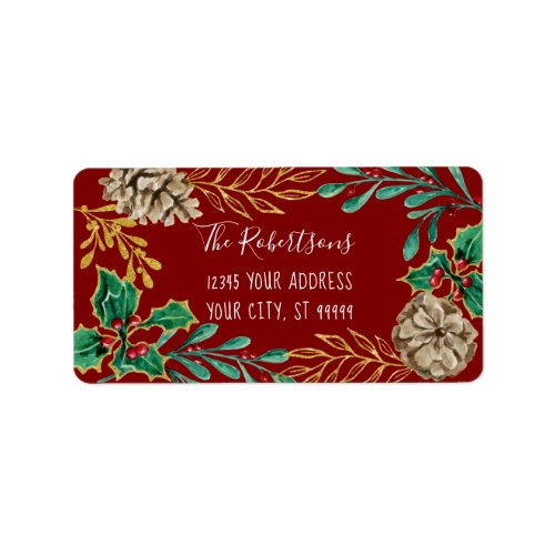 Christmas Red Holly Pine Cone Watercolor Greenery Label