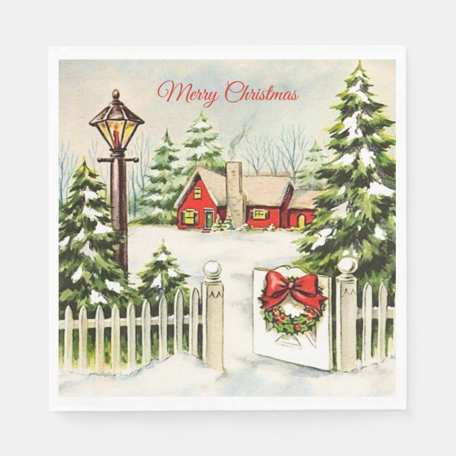  Christmas Red House Lantern Pine Trees Paper  Napkins (Front)