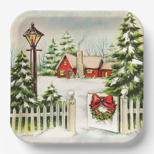 Christmas Red House Lantern Pine Trees Paper Plates