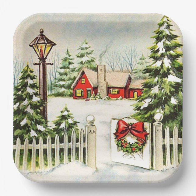  Christmas Red House Lantern Pine Trees  Paper Plates (Front)