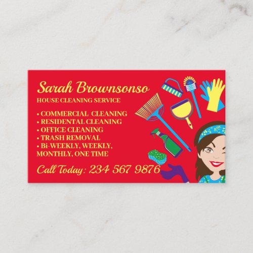 Christmas Red Janitorial Lady Cartoon Cleaning Business Card