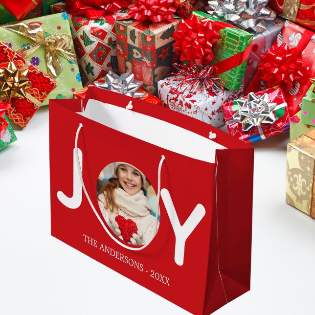 Christmas red joy photo simple elegant large gift bag (Creator Uploaded)