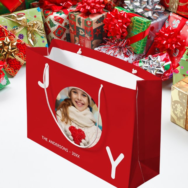 Christmas red joy photo simple elegant large gift bag (Creator Uploaded)