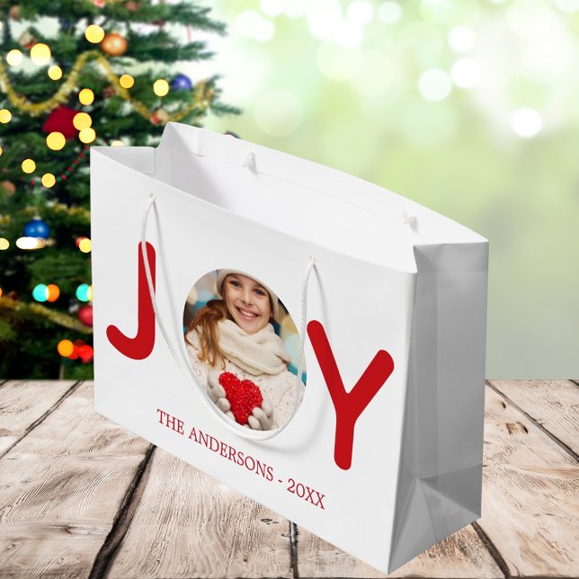 Christmas red joy photo simple elegant large gift bag (Creator Uploaded)