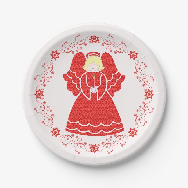 Christmas Red Lace Angel  Paper Plates (Front)