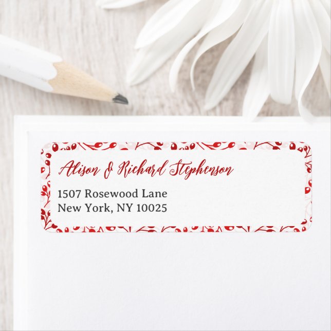 Christmas Red Leafy Pattern Modern Elegant Berry Label (Insitu)