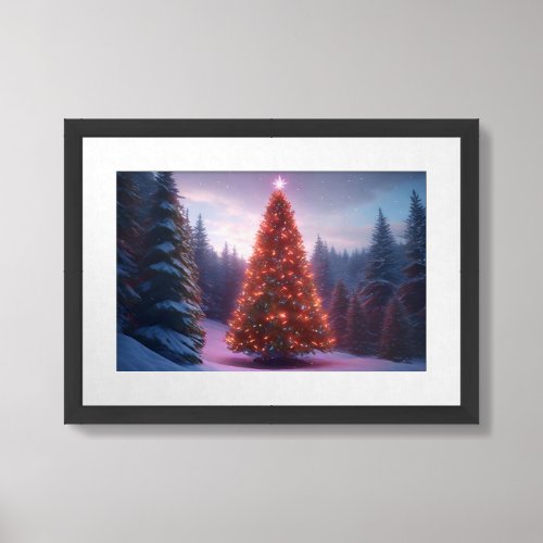 Christmas Red Lit Tree in the Snowy Forest Winter Framed Art