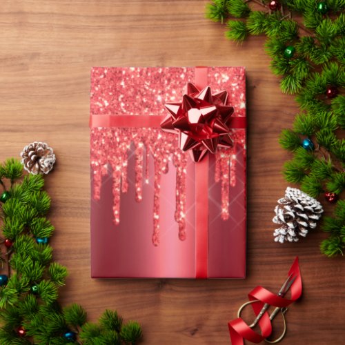 Christmas Red Metallic Dripping Glitter Holiday Wrapping Paper