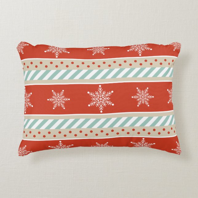 Christmas Red Mint Stripes Snowflake Pattern Decorative Pillow (Front)