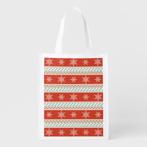 Christmas Red Mint Stripes Snowflakes Design Reusable Grocery Bag