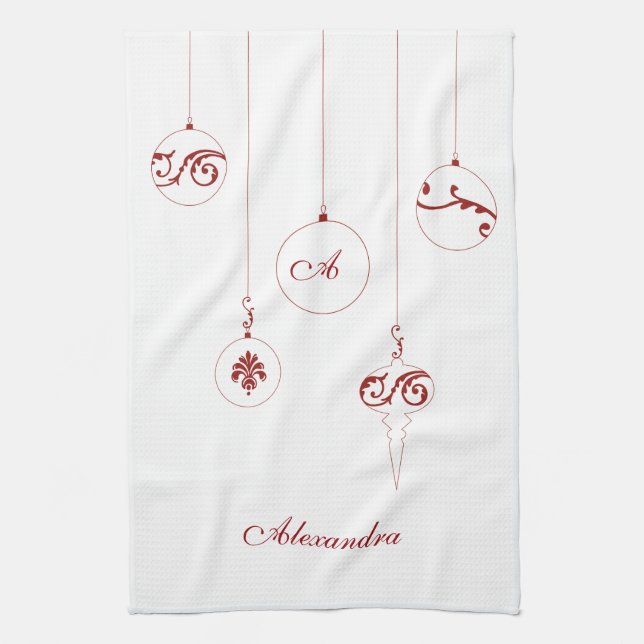 Christmas Red Monogram Bauble Ornaments Name Kitchen Towel (Vertical)