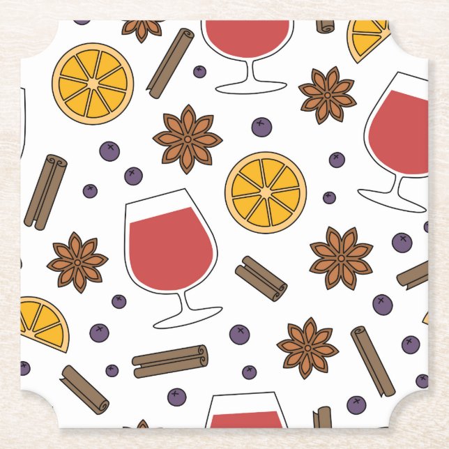 Christmas red mulled wine with spices doodle paper coaster (Front)