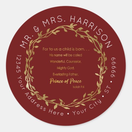 Christmas Red n Gold Christian Scripture Address Classic Round Sticker