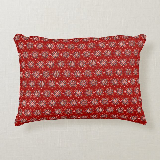 Christmas Red Nordic Folk Snowflake Accent Pillow (Front)