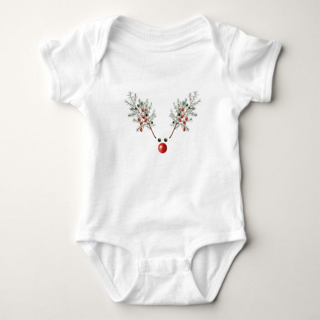 Christmas Red Nosed Reindeer Pine Berries  Baby Bodysuit (Front)