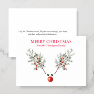 Christmas Red Nosed Reindeer Pine Berries Letterpress Photo Cards