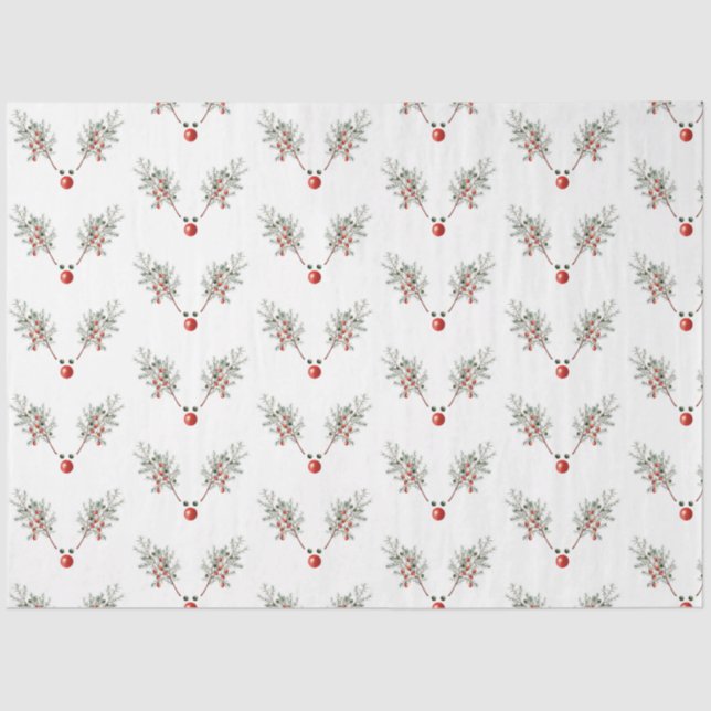 Christmas Red Nosed Reindeer Pine Berries  Tissue Paper (Front)