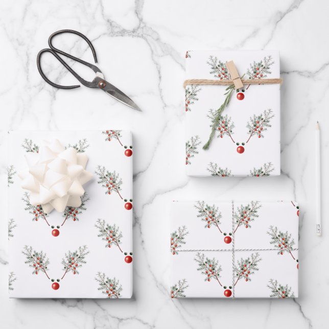 Christmas Red Nosed Reindeer Pine Berries Wrapping Paper Sheets (Front)