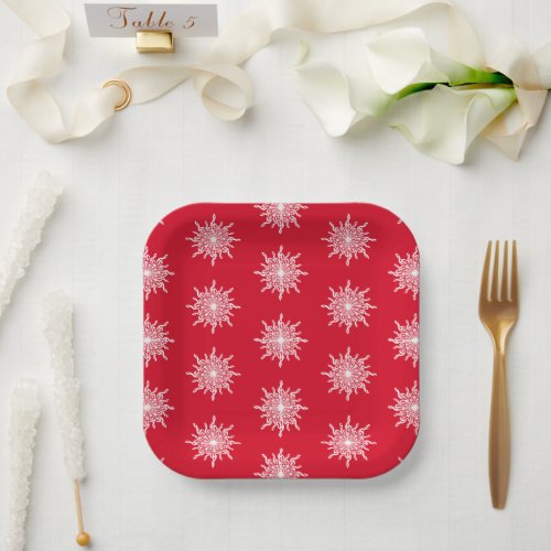 Christmas Red Ornamental G_Clef Snowflake Pattern Paper Plates