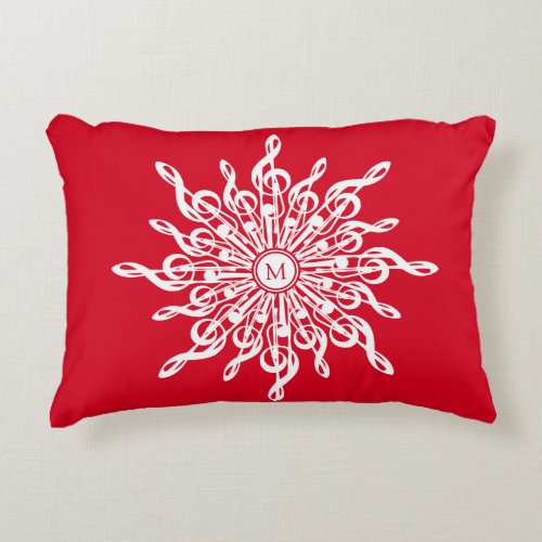 Christmas Red Ornamental Monogram G_Clef Snowflake Accent Pillow