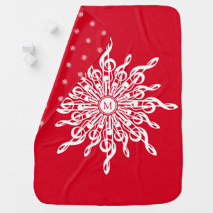 Christmas Red Ornamental Monogram G-Clef Snowflake Baby Blanket