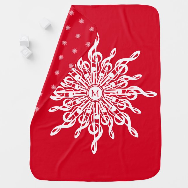 Christmas Red Ornamental Monogram G-Clef Snowflake Baby Blanket (In Situ)