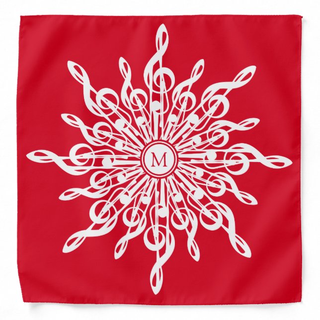 Christmas Red Ornamental Monogram G-Clef Snowflake Bandana (Front)