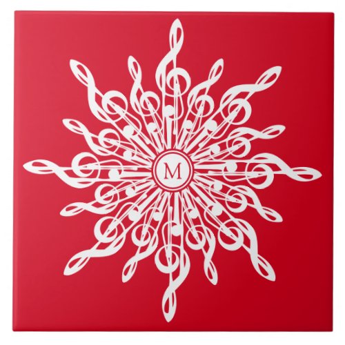 Christmas Red Ornamental Monogram G_Clef Snowflake Ceramic Tile