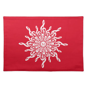 Christmas Red Ornamental Monogram G-Clef Snowflake Cloth Placemat