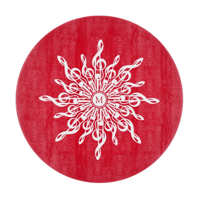 Christmas Red Ornamental Monogram G-Clef Snowflake Cutting Board (Front)