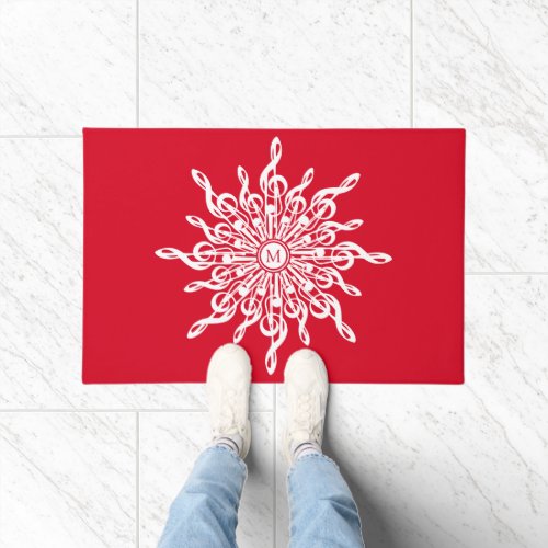 Christmas Red Ornamental Monogram G_Clef Snowflake Doormat