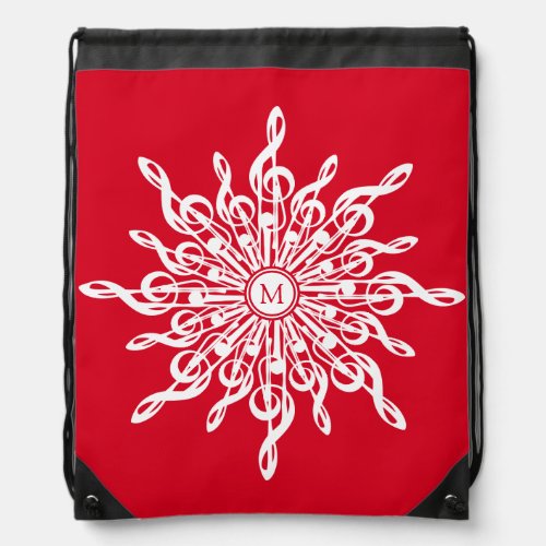 Christmas Red Ornamental Monogram G_Clef Snowflake Drawstring Bag